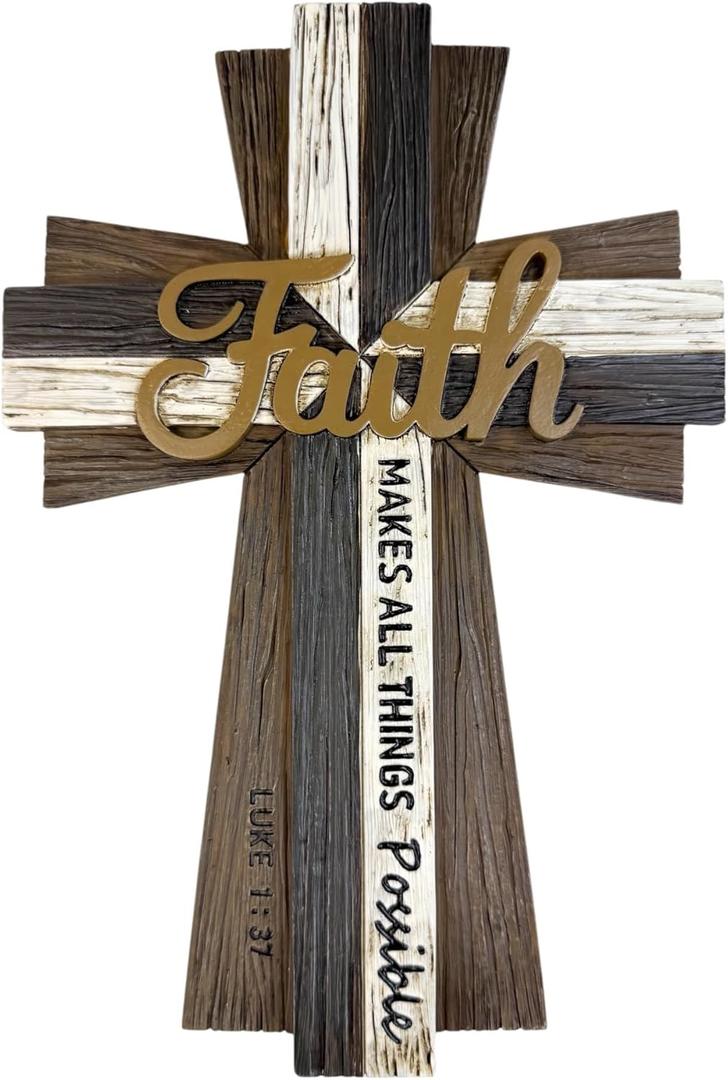 Layered Faith Wall Cross  Inspirational Christian Decor with Faith Makes All Things Possible  Luke 1:37  Rustic Resin Construction with Wood-Look Texture  11  Tall - Religious Jesus Art