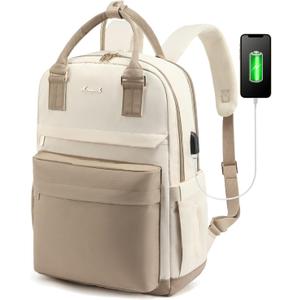 LOVEVOOK Laptop Backpack for Women 15.6 Inch Laptop Bag with USB Port, Fashion Waterproof Backpacks Teacher Nurse Stylish Travel Bags Vintage Daypacks Bookbag for College School Work (Khaki & Pinkish Beige)