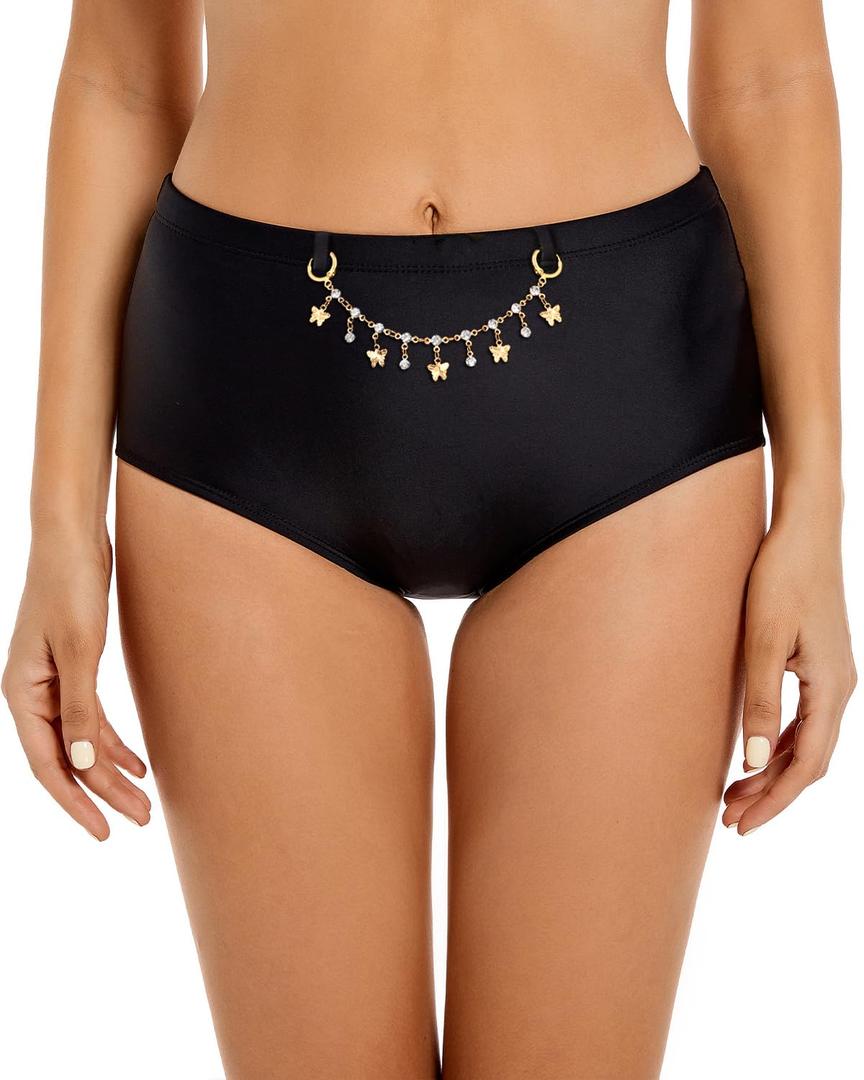 Seagoo Women's Bikini Bottoms Full Coverage High Waisted Bathing Suit Bottoms Swimsuit Bottoms with Butterfly Chain, XL, Black