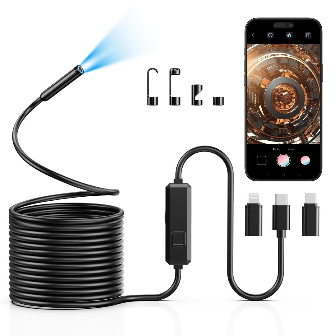 Endoscope Camera with Light, 1920P HD Borescope with 8 LED Lights, 33 FT Semi-Rigid Snake Inspection Camera, IP67 Waterproof Drain Pipe Borescope Mens Tool for iOS and Android