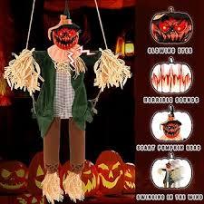 Scary Halloween Decorations - Outdoor Hanging Swinging Pumpkin with Sound & Slap Activated, Light Up Eyes Creepy Sound Expressions, Large Scary Decor Props for Indoor & Outdoor