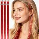 Celinebella Red Clip in Hair Tinsel 6Pcs,80 Strands 24 Inches,Heat Resistant Vibrant Hair Extensions for Women Teens Holiday Party Christmas Accessories