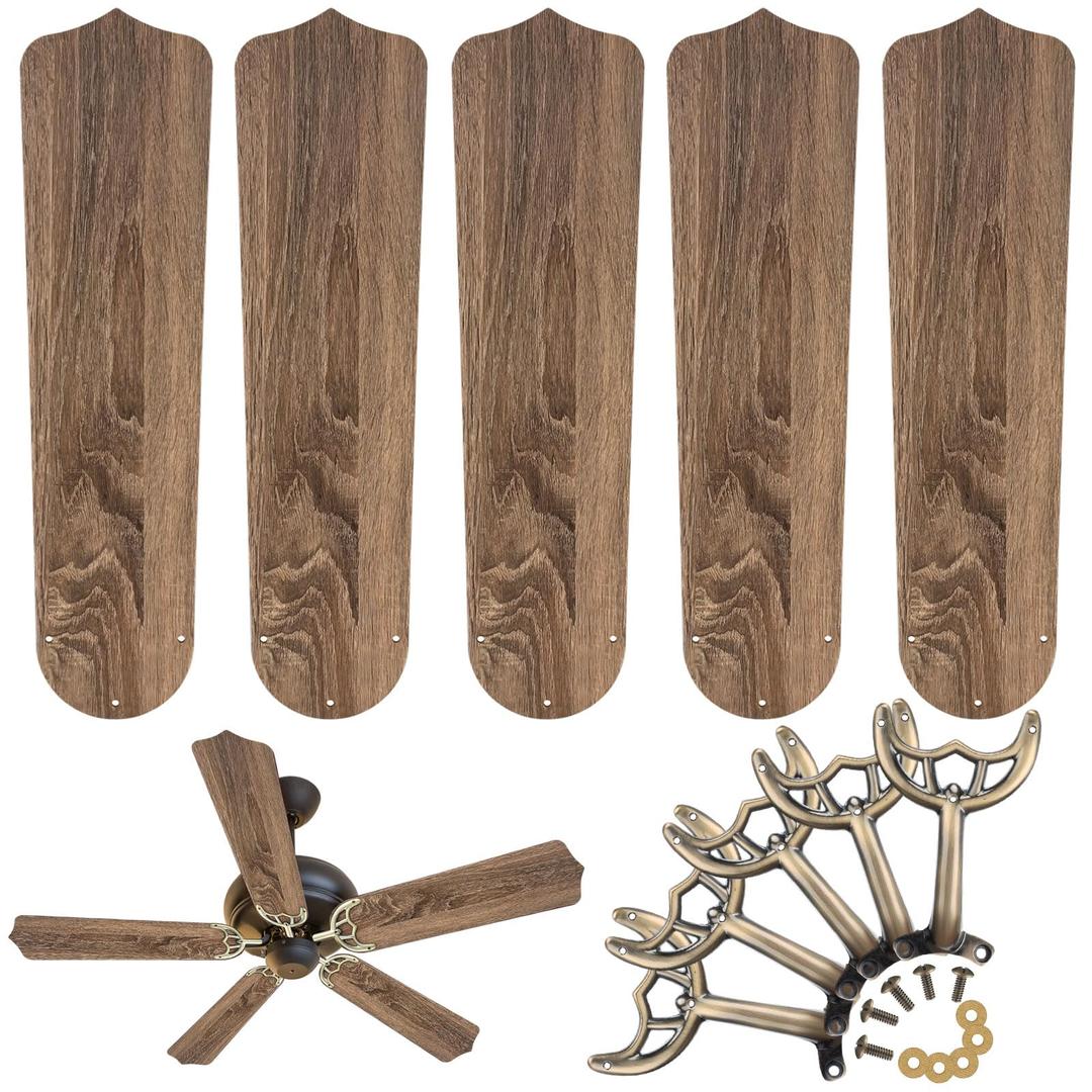 Yaocom 10 Pack 20.47" Ceiling Fan Replacement Blades and Blade Arms Kit for 52 inch Ceiling Fan, 5 Blades and 5 Blade Arms with Mounting Hardware for Bedroom Living Room(Pointed Toe,Weathered Oak)