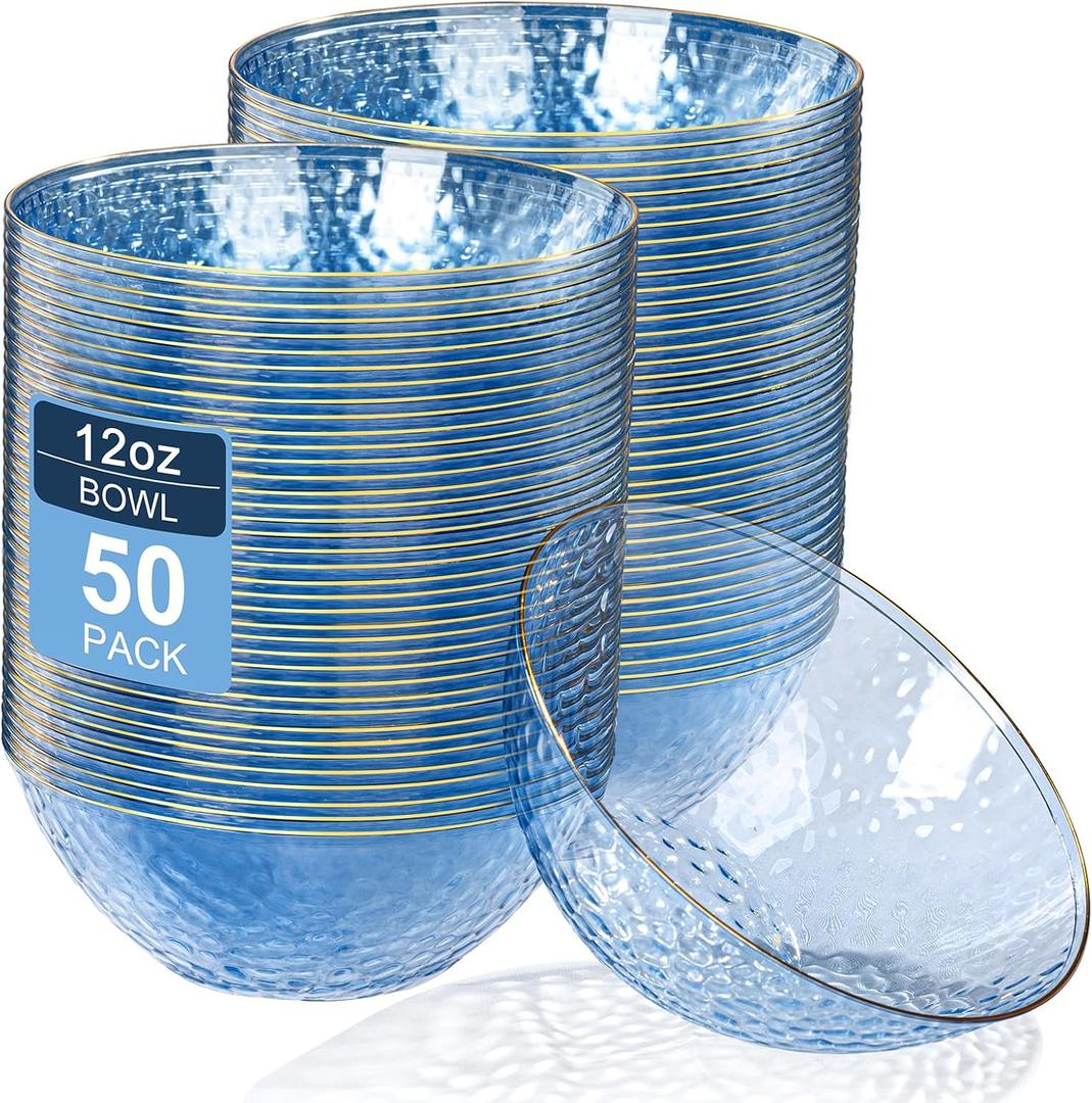 Rubtlamp 50 Pack Clear Blue Disposable Bowls, Clear Plastic Bowls with Gold Rim, 12-16oz Premium Heavy Duty Plastic Dinner Bowls for Party, Wedding and Holiday
