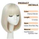 Bob Platinum Blonde Wig for Women Short Straight Blonde Wigs with Bangs Natural Fashion Synthetic Wigs for Daily Cosplay Colorful Costume Wig Use 12 Inch