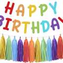 Rainbow Happy Birthday Banner and Paper Tassel Garland for Colorful Rainbow Birthday Party Decorations