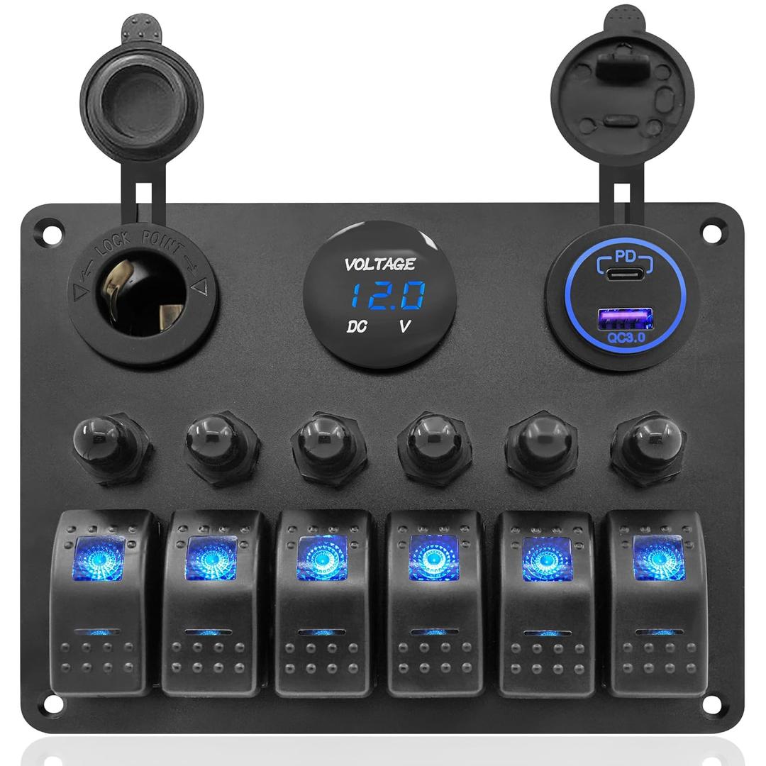 Aluminum 6 Gang Marine Rocker Switch Panel Waterproof for Boat Circuit Breaker Protected, Digital Voltage Display, PD QC3.0 USB Port,12V DC Power Socket for Trailer Bus Car Truck RV Vehicles Yacht
