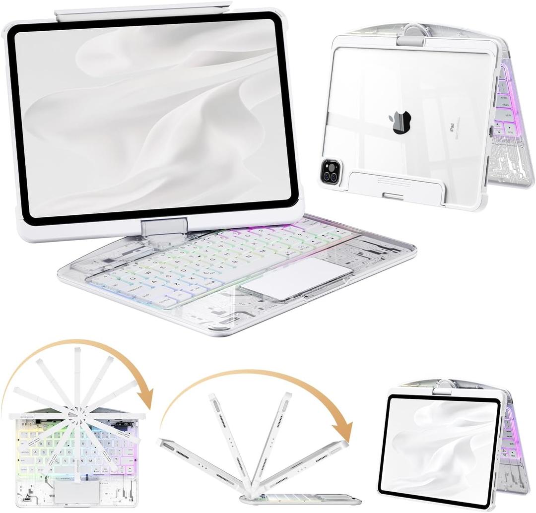 Keyboard Case for iPad Pro 13-inch (M5 2025 / M4 2024), Clear Wireless iPad Pro 13 Inch Case with Keyboard Multi-Touch Trackpad, Battery Level Visualization with 360 Rotatable & Pencil Holder, White
