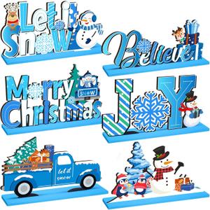 Thyle 6 Pcs Christmas Table Decorations Joy Sign Snowman Let It Snow Christmas Centerpiece, Snow Party Decoration Winter Wooden Ornament for Holiday New Years Table Mantel Decor