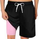 Cozople Boys Swim Trunks Quick Dry Compression Liner Swim Shorts Summer Bathing Suit with Inner Pocket Swimwear 7-20T (10-12 Years, Black-pink)