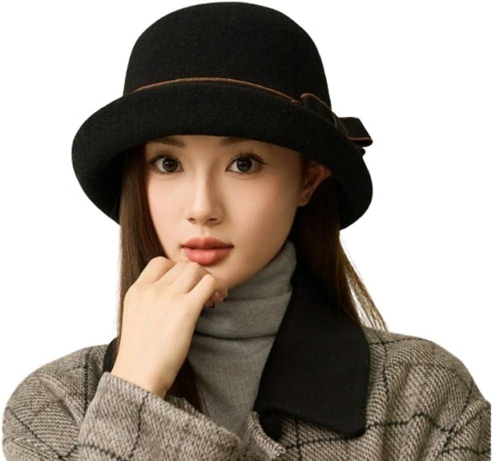 Women Vintage Felt Cloche Hats Winter Fall Solid Fedora Caps Elegant Bowler Hat Bowknot (Black)