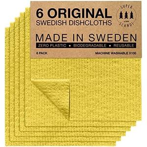 SUPERSCANDI 6 Pack Swedish Dishcloths for Kitchen - 100% Biodegradable & Compostable Reusable Paper Towels Washable, Food-Safe & Without Plastic - Dish Rags Suitable for Any Surface, Yellow