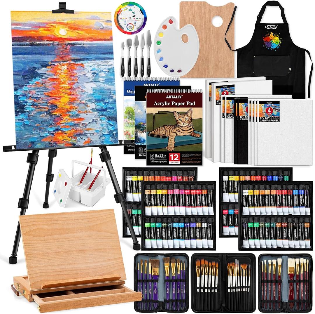 187Pcs Professional All-in-One Art Painting Kit with Aluminum & Beech Wood Easel, 96 Acrylic, Watercolor & Oil Paint Set, Complete Art Supplies Painting Set for Adults, Artists, Beginners, 187piece Set