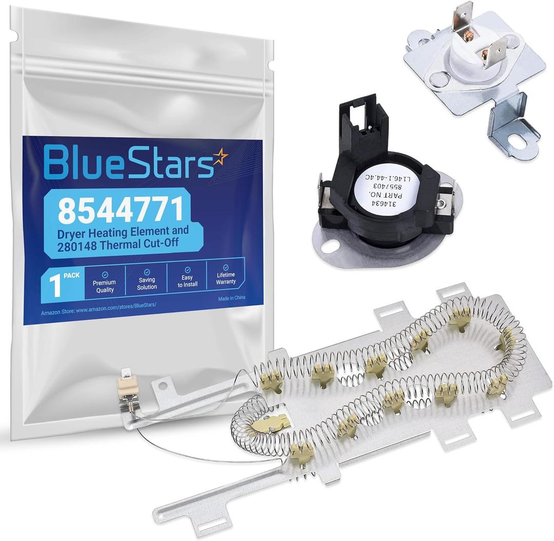 BlueStars 8544771 Dryer Heating Element and 280148 Thermal Cut-Off (8557403 High Limit Thermostat & 8318314 Thermal Fuse) - For Whirlpool Kenmore Dryers - Replaces WP8544771VP AP6013115 PS11746337