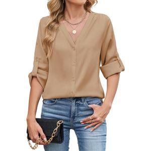 ZAFUL Womens Button Down Shirts 3/4 Long Sleeve Dressy Casual Tops Satin Silk Business Blouses Champagne L (White, L)