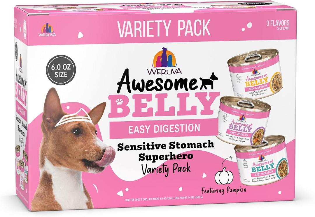 Weruva Awesome Belly Wet Dog Food, Sensitive Stomach Superhero Variety Pack, 6oz Can (Pack of 9), Best By: JUL 2028