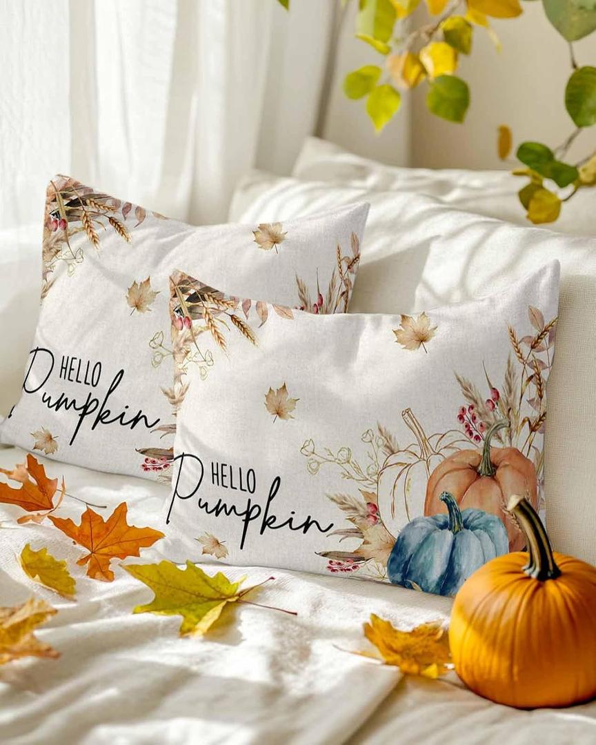 Fall Thanksgiving Pumpkin Throw Pillow Covers 12x20 Set of 2,Maple Leaf Decorative Pillow Covers,Retro Linen Cushion Case for Sofa Couch Patio Garden Bedroom