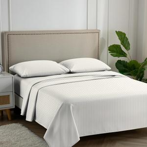 Carressa Linen Luxury Egyptian Cotton King Stripe Sheet Set, 600 Thread Count Extra Long Staple 4 PC Set, King Damask Sheets, Soft, Cooling Sateen Weave Striped Sheets Upto 18" Deep Pocket - Ivory