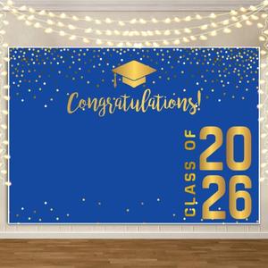 Graduation Backdrop 2026 10x8 ft Class of 2026 Gold and Blue Vinyl Congrats Grad Banner for High School College Photoshoot Prom Party Studio Props