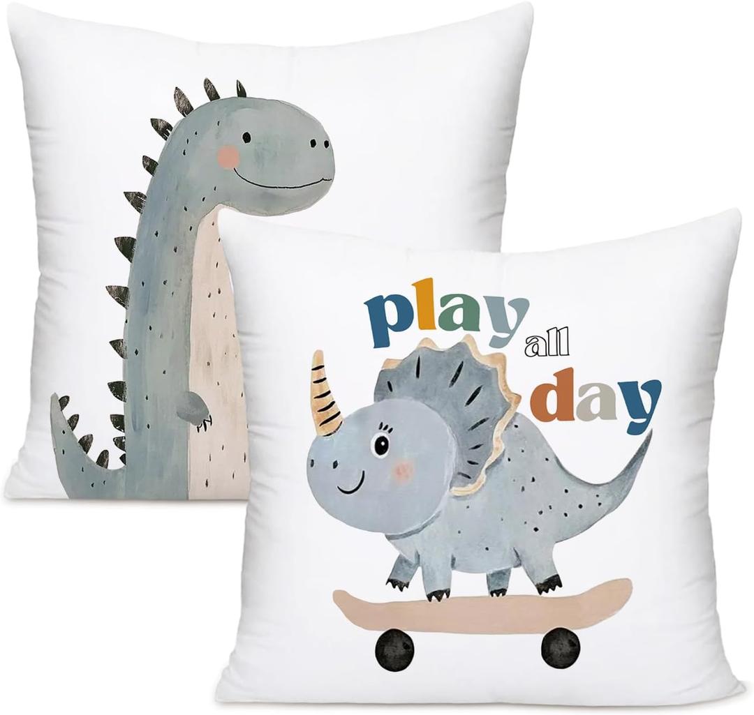 Dinosaur Pillow Case, Dream Big Dinosaur Dino Throw Pillows Cover Cushion Cases Decor for Kids Toddler Girls Boys Room Bed Nursery 18x18 Inches Set of 2