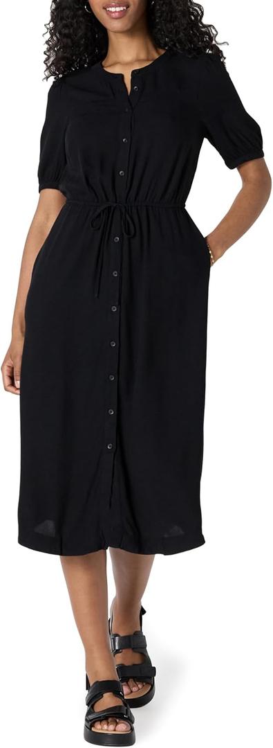 Amazon Essentials Women's Fit and Flare Half-Sleeve Waisted Midi A-Line Dress with Pockets (Medium)
