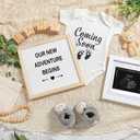 Canlierr 9 Pcs Pregnancy Announcement Set Pregnancy Reveal Ideas Felt Letter Board Baby Bodysuit Booties Photo Frame Bear Plush Wood Blocks for Coming Soon Baby Announcement(White)
