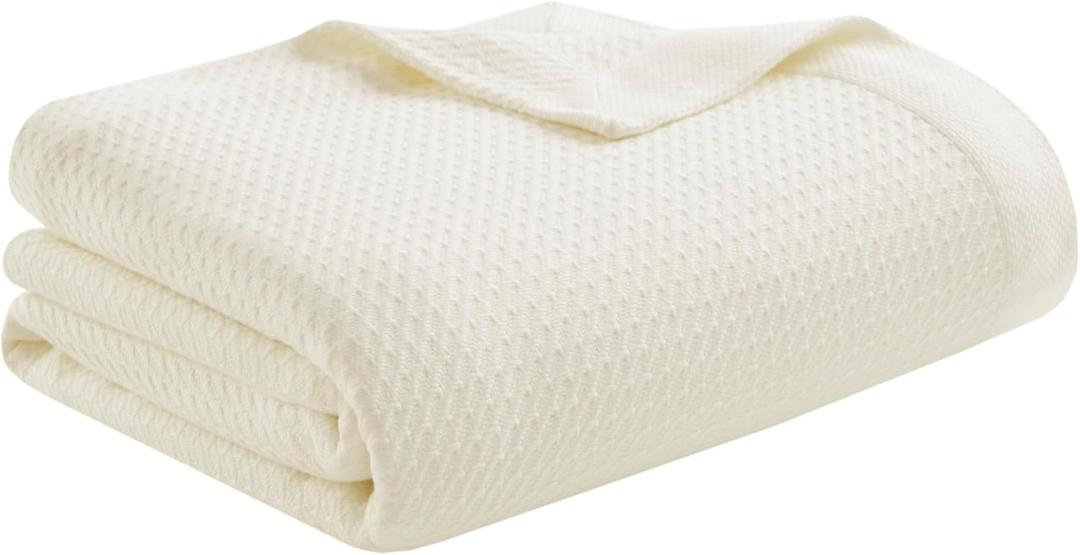 Madison Park 100% Egyptian Cotton Lightweight Summer Blanket, Breathable Waffle Knit Design, Soft Cozy All-Season Throw for Bed, Couch or Sofa, Blue Full/Queen Size (90"x90") (Cream)