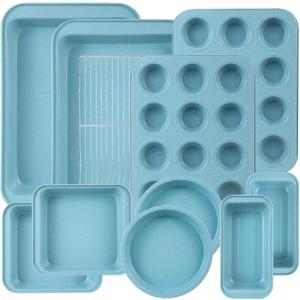 11-Piece Nonstick Baking Pans Set - Professional Grade Carbon Steel Bakeware with Premium Coating- Dishwasher Safe, Stackable, Oven Safe to 450F (Slight Blue)