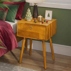 Bme Alden Solid Wood Nightstand/Side Table/End Table, Fully Assembled, with 1-Drawer for Mid Century Bedroom and Living Room, (12mm), Caramel