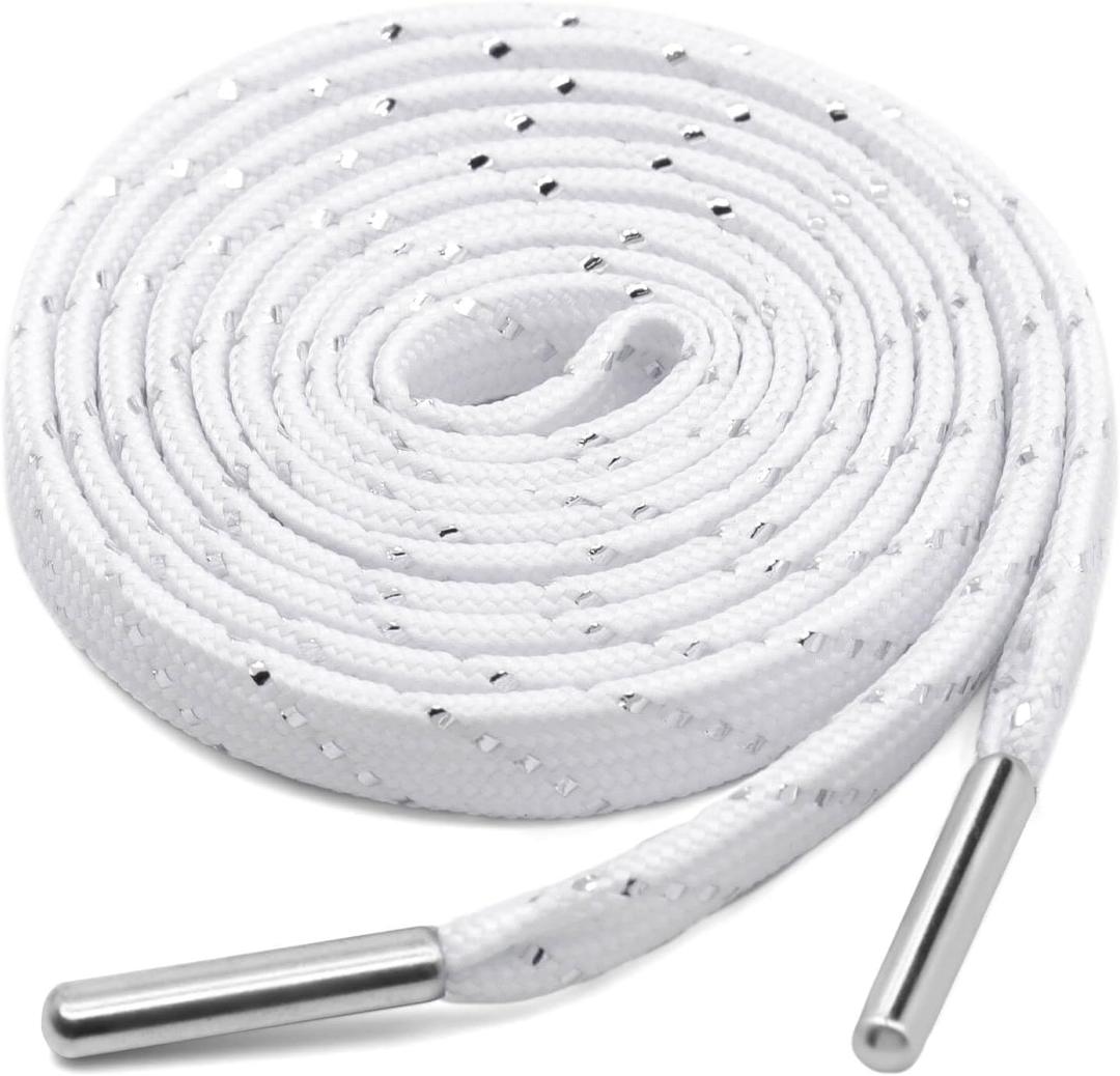 YFINE Sneakers Flat Shoe Laces: Athletic Shoelaces With Metal Tips - 2 Pair (47 inch (120CM), White Silver + Silver Tips)