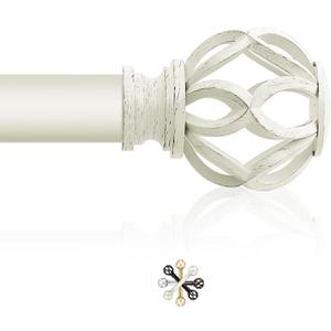 White Decorative Farmhouse Curtain Rod:18-45"Adjustable Heavy Duty Single Window Curtain Rod for Bedroom Living Room,Antique White Boho Rustic Drapery Rods with Vintage Twist Finial Easy Install