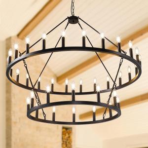 47" Black Wagon Wheel Chandelier, 2 Tiers 36-Light Large Farmhouse Chandelier for High Ceilings, Industrial Hanging Pendant Lights for Kitchen Island Dining Room Living Room Staircase Foyer Entryway