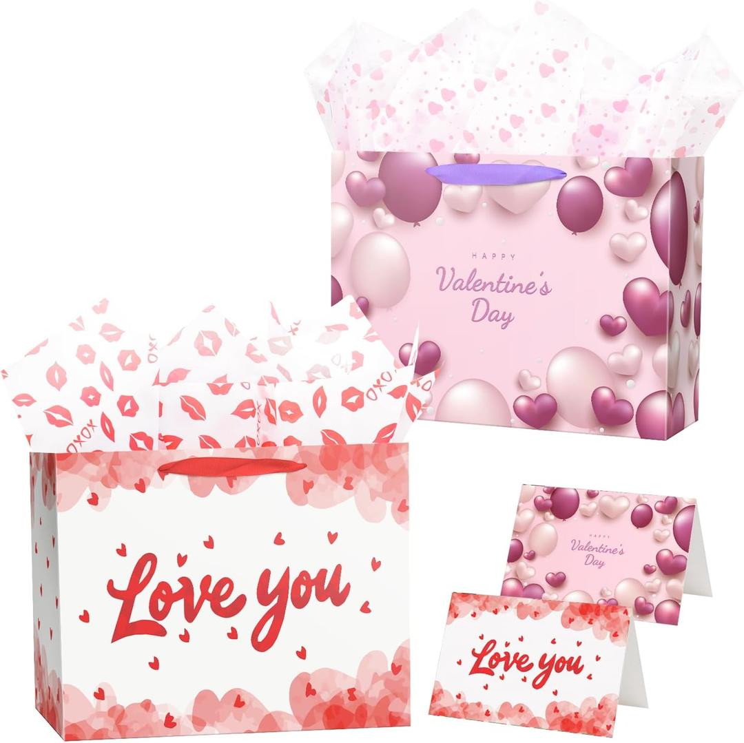 3 x Linelglobal Large Valentine Gift Bag with Wrapping Paper for Women Men, Anniversary Bag 12.6" Heart Love 2 Pack