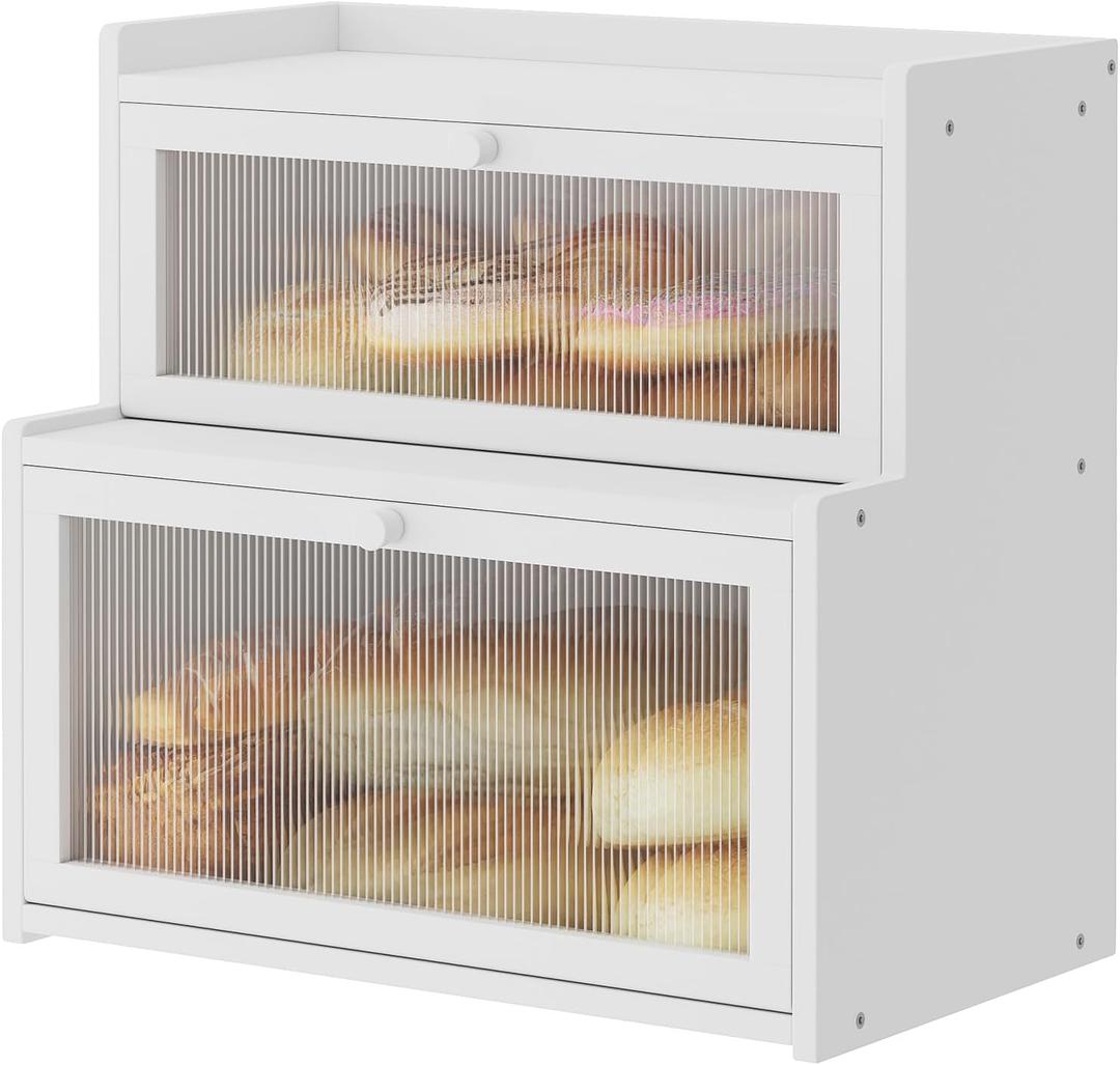 Double Layer Bamboo Bread Box for Kitchen Counter, Bread Holder, Countertop Bread Storage with Window (White)