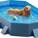 Peteast Foldable Dog Pool with Sturdy Square Design, Durable 71" Lx39 Wx12 D Extra Large Portable Pet Bathtub with Reinforced Sidewalls for Stability, Ideal for Indoor & Outdoor Use (Blue&Dark Gray)