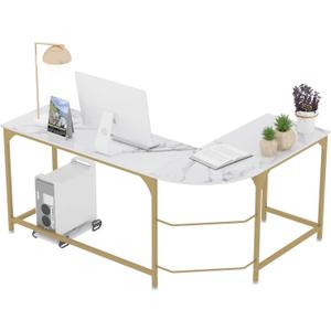 Teraves Reversible L Shaped Desk White - 66.1" Corner Gaming Computer Desk, Office Workstation Modern Home Study Writing Table, Marble Gold