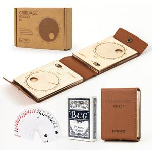 Travel Cribbage Board Game Set, Portable Unique Peg-Free Cribbage Board, Leather & Magnetic Rotating Wood Scoreboard with Playing Cards, Pocket Sized Tiny Card Game Board