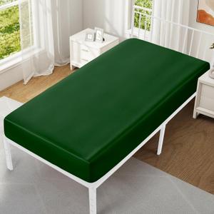 VACVELT Cot Fitted Sheet, 31 x 75 Inch Dark Green Cot Sheets, Ultra Soft and Breathable Satin Bed Cover Snug Fit for Narrow Twin/RV Bunk/Camper Bunk/Guest Beds/Trifold Mattress