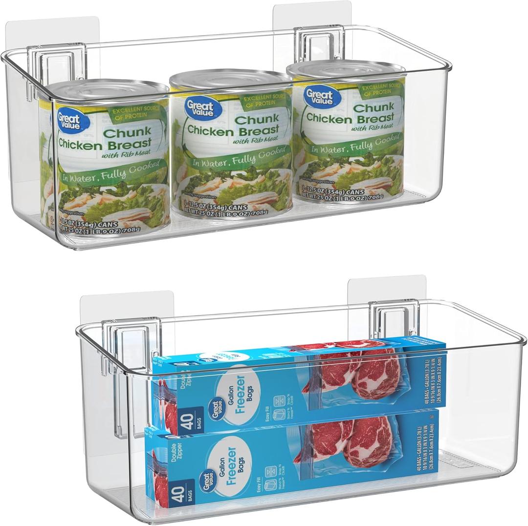 vacane 2 Pack Plastic Adhesive Mount Over Cabinet Door Organizer, Wall Organization Container Makeup Organizer Hanging Basket Bins for Kitchen, Pantry, Craft Room, Office, Space Saving Holder (Medium)