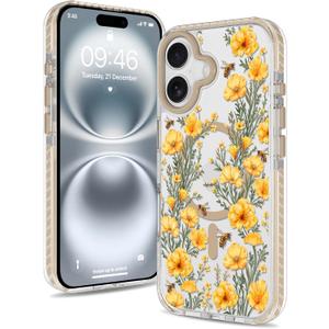Magnetic for iPhone 16 Case [Compatible with MagSafe] Clear Floral Flower Bee Pattern Design, Slim Shockproof Protective Phone Cover for Women Girls