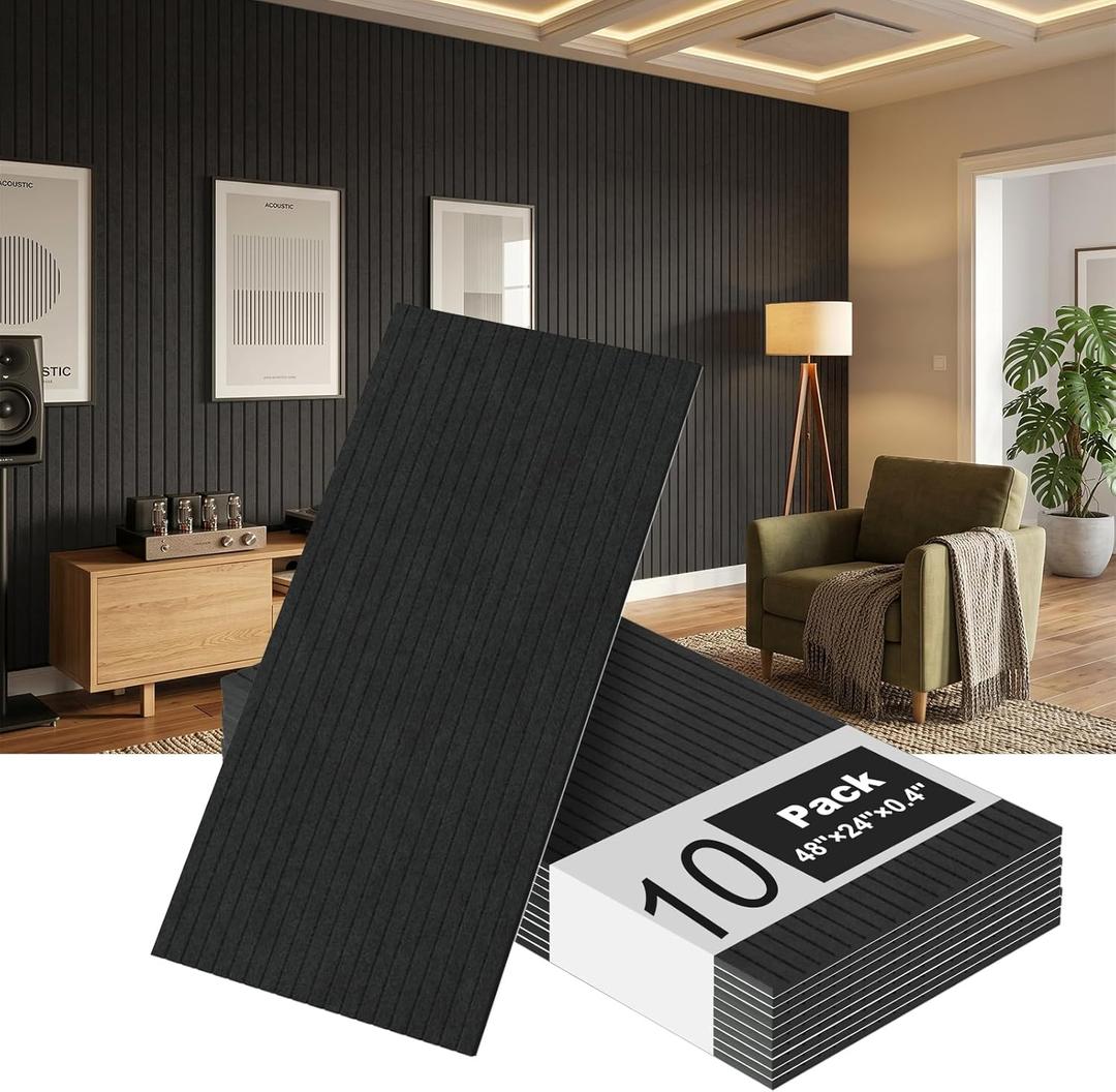 10 Pack Acoustic Panels, 48 x 24 Inch Black Adhesive Sound Dampening Panel | Large Sound Proof Panels for Walls, High Density Sound Absorbing Panel for Recording Studio, Home, Office