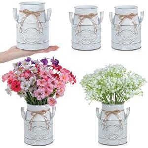 8 Pcs 6 Inch Farmhouse Vase Decor Milk Can Vintage Flower Jug Galvanized Metal Vase with Handle Rustic Flower Buckets for Thanksgiving Christmas Table Centerpiece Weddings Gifts (Retro White)
