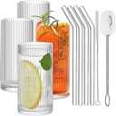 Glass Cups with Straws, 12 OZ Ribbed Glassware Drinking Glasses Set of 4, Fluted Iced Coffee Cups, Origami Style Ridged Tumbler for Coocktail, Whiskey, Beer - 2 Brush