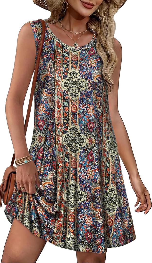 Summer Dresses for Women Beach Boho Sleeveless Vintage Floral Flowy Pocket Tshirt Tank Sundresses 2026 Small