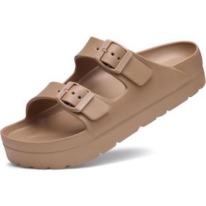 Goosecret Women's Platform Sandals with Arch Support, Chunky Lightweight Foam Slip on Slides, Comfortable Summer Beach Sandals with Adjustable Buckle (10, Brown)