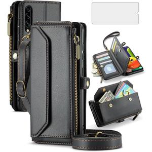 Asuwish Phone Case for Samsung Galaxy A50 A50S A30S Zipper Wallet Cover with Tempered Glass Screen Protector and Flip RFID Blocking Card Holder Cell A 50 50S 30S S50 50A SM A505G Women Men Girls Black