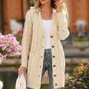 PRETTYGARDEN Long Sleeve Cable Knit Long Cardigan for Women 2026 Spring Winter Chunky Open Front Button Sweaters with Pockets (L)