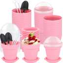 Honeydak 50 Pack Flowerpot Dessert Cup Plastic Cake Cups with Lid Shovel Spoon Bottom Tray Small Flower Pot Cups Dessert Ice Cream Yogurt Containers Holder for Ice Cream DIY(Pink)