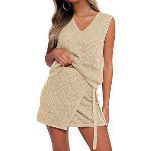 Fisoew Womens 2 Piece Crochet Swimsuit Cover Ups Sleeveless V Neck Tank Tops Wrap Skirt Sets Beach Vacation Outfits, Size Large