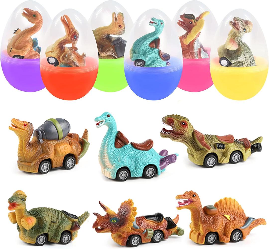 6 Pack Jumbo Eggs with Dinosaur Pull Back Cars Toys Inside for Kids Boys Toddlers Easter Basket Stuffers Party Favors Easter Egg Fillers
